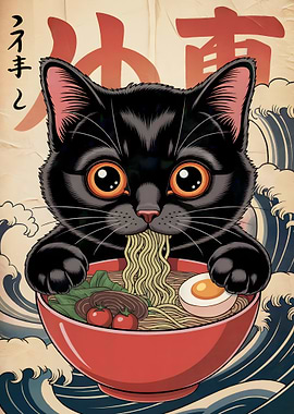 Black Cat Eating Ramen Illustration