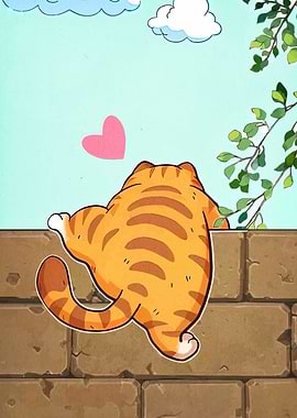 Cartoon Cat on Brick Wall
