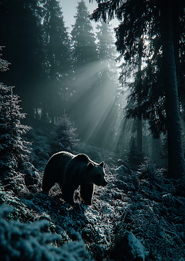 Bear in Forest with Sun Rays