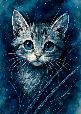 Abstract Fantasy #139 - Blue-Eyed Cat Watercolor Portrait