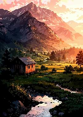 Mountain Cabin Landscape with Stream
