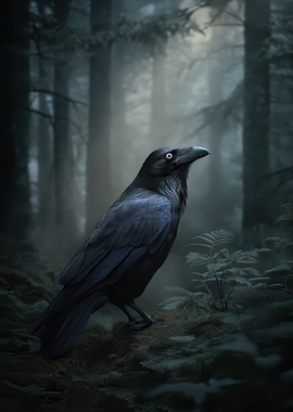Raven in a Misty Forest