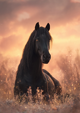 Majestic Black Horse in Golden Light
