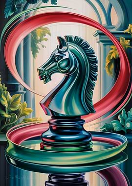 Chess Knight Sculpture with Red Ring