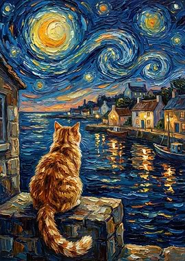 Cat gazing at Starry Night harbor