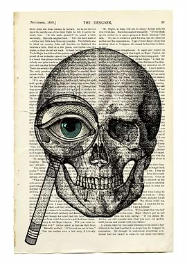 Skull with Magnifying Glass on Newspaper