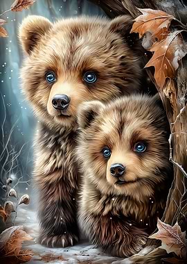 Two Cute Bear Cubs in Winter