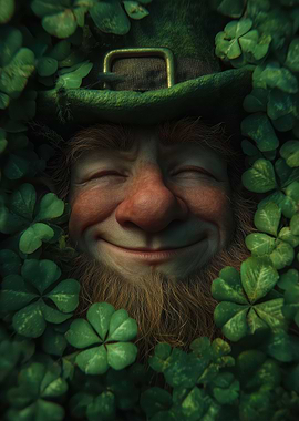 Smiling Leprechaun Surrounded by Clovers