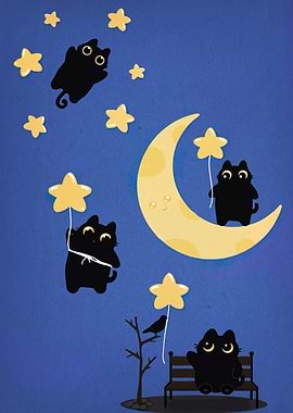 Cats, Moon, and Stars Illustration