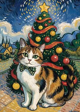 Christmas Cat Van Gogh Style Painting