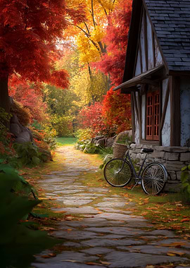 Autumn Cottage with Bicycle