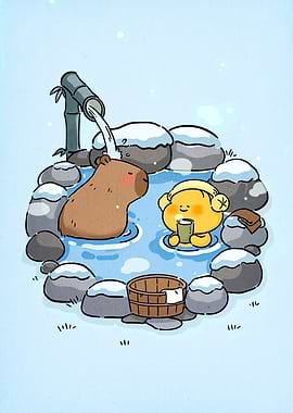 Capybara and Friend in Hot Spring