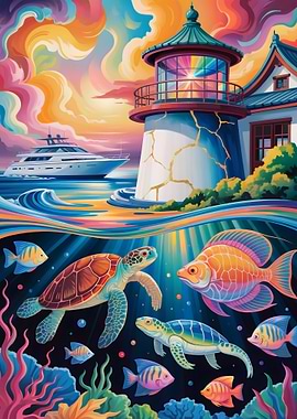 Colorful Ocean Scene with Lighthouse