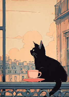 Black Cat on Balcony with Coffee