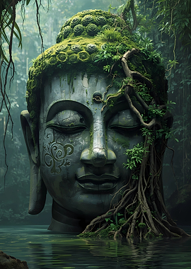 Mossy Buddha Head in Water