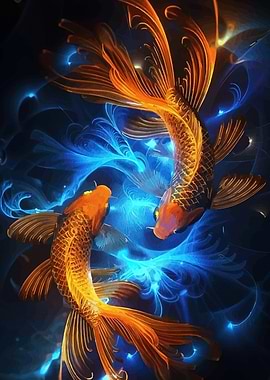 Golden Koi Fish in Blue Water