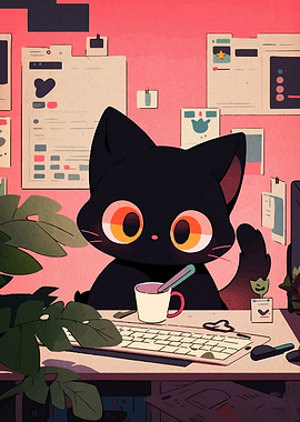 Black Cat Working from Home