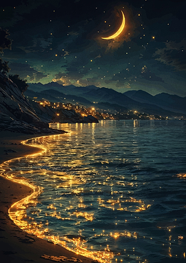 Night Coastline with Crescent Moon
