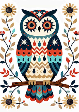 Stylized Owl Illustration with Floral Accents