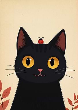 Black Cat with Ladybug Illustration