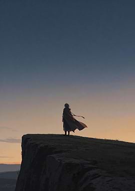 Lone Figure on Cliff at Sunset