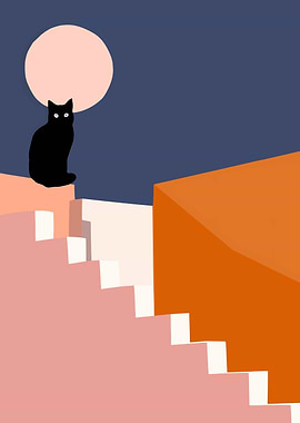 Black Cat on Stairs under Moon
