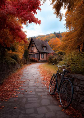 Autumn Cottage with Bicycle