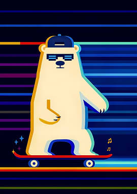 Retro Skating Polar Bear | Neon Synthwave Vector Art