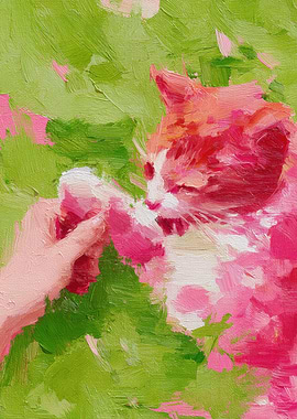 Cat and Hand Oil Painting