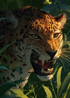 Roaring Jaguar in Jungle Foliage