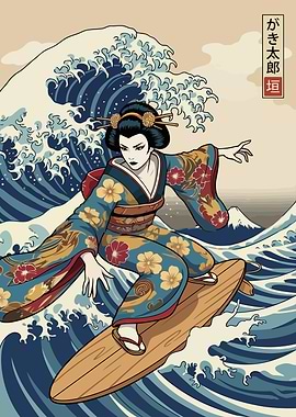 Geisha Surfing Ukiyo-e Style