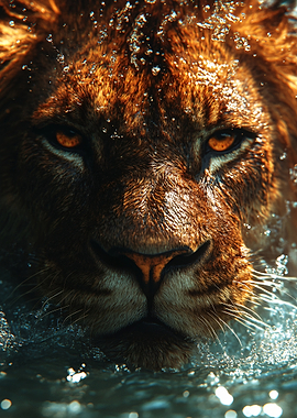 Lion in Water Close-Up