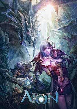 Aion Fantasy Art with Dragon and Characters