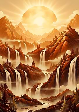 Golden Mountain Waterfall Landscape