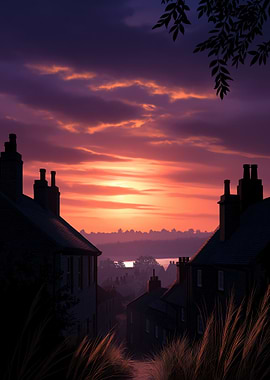 Sunset Over Village Rooftops