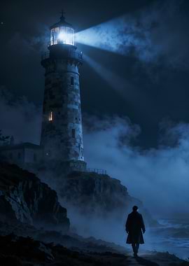Lighthouse at Night with Figure