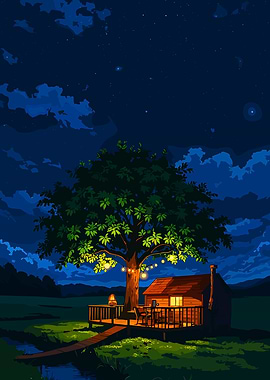 Night Cabin with Tree and Lights