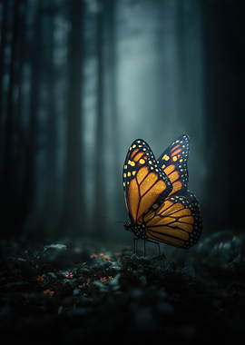 Monarch Butterfly in Dark Forest