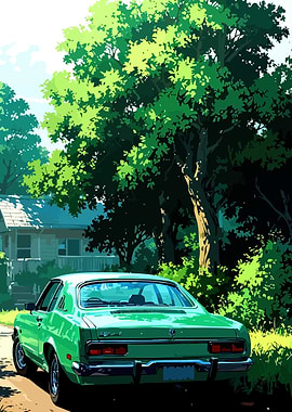 Green Car in a Rural Setting