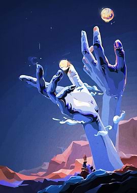 Hands reaching for planets in landscape