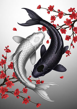 Koi fish swimming amidst vibrant cherry blossoms in harmony