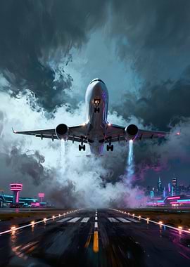 Airplane Taking Off at Night