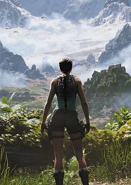 Lara Croft overlooking mountainous landscape