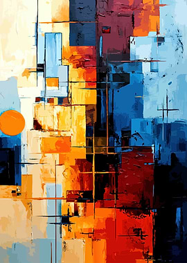 Abstract Geometric Painting with Warm and Cool Tones