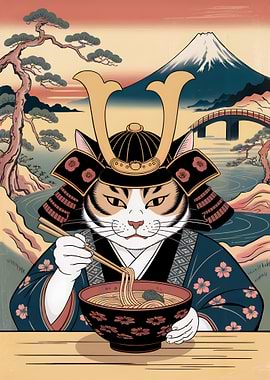 Samurai Cat Eating Ramen Ukiyo-e Style