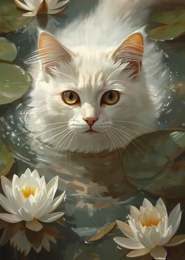 White Cat in Lily Pond Painting