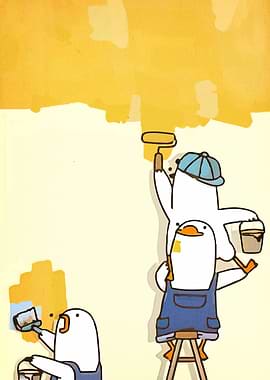 Cartoon Ducks Painting a Wall Yellow
