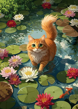 Ginger Cat in Lily Pond