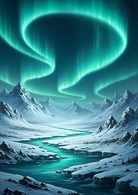 Aurora Borealis over Snowy Mountains