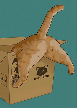 Cat Stuck in Box Illustration